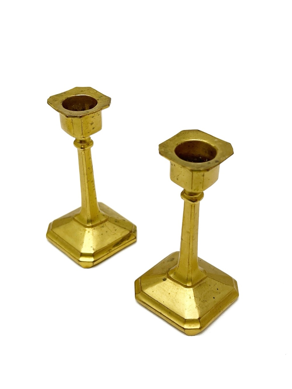 Antique Jennings Brothers Pair of 5” Candlestick Holders Metal Gold Ormolu Toned
